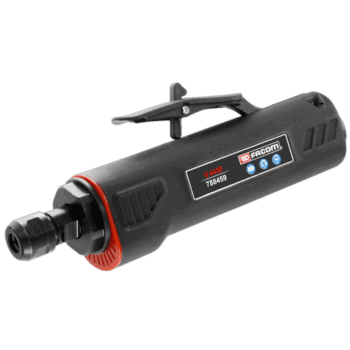 Facom straight die grinder with 6 mm collet and front exhaust, black and red design for precision grinding tasks.