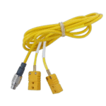 Yellow racing safety lanyard with connectors, used in motorsport for driver safety and communication.