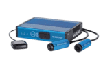 RaceLogic performance data logger with blue casing and two connected sensors for motorsport analysis.
