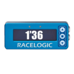 Racelogic lap timer device in blue with digital display showing 1'36" for motorsport timing.