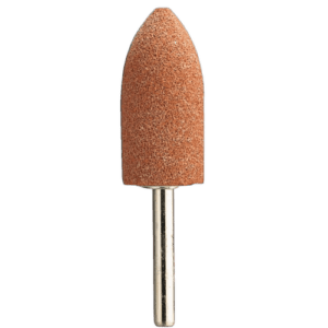 Close-up of a grinding stone attached to a grinder on stand, used for precision metal finishing and polishing.