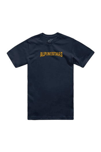 Navy blue Grand Prix Racewear T-shirt with yellow 'ALPINESTARS' logo for motorsport enthusiasts.