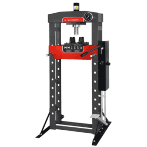 Facom 20-ton hydraulic press W.420 for industrial and workshop use, featuring a sturdy black and red frame with a pressure gauge and adjustable components.