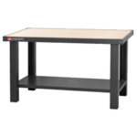 Facom maintenance workbench with multilayered beech wood worktop, 1.5m length, sturdy black metal frame for workshop use.