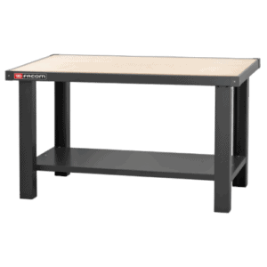 Facom maintenance workbench with multilayered beech wood worktop, 1.5m length, sturdy black metal frame for workshop use.