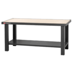 Facom maintenance workbench with multilayered beech wood top and sturdy black metal frame, ideal for workshop tasks.
