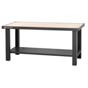 Facom maintenance workbench with multilayered beech wood top and sturdy black metal frame, ideal for workshop tasks.