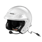 White Sparco racing helmet with black interior padding, designed for motorsport safety and performance.