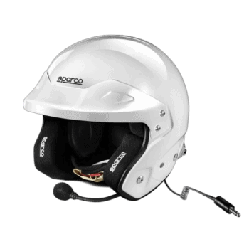White Sparco racing helmet with black interior padding, designed for motorsport safety and performance.
