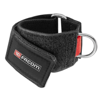 Facom wrist bracelet with metal ring, black adjustable strap with red detail, ideal for safety and identification in industrial environments.
