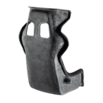 Black racing car seat shell for Grand Prix racewear, designed for safety and comfort in motorsport competitions.