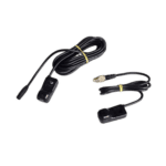 Close-up of a black racing helmet communication system with microphone and cables for Grand Prix Racewear.