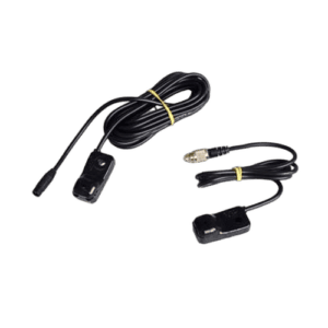 Close-up of a black racing helmet communication system with microphone and cables for Grand Prix Racewear.