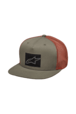 Grand Prix Racewear trucker cap with grey front panel, black logo patch, and orange mesh back for racing enthusiasts.