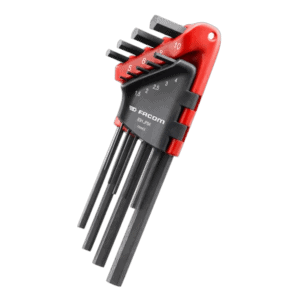 Facom set of 9 hexagon keys in a red and black wallet, ideal for precision mechanical work and automotive repairs.