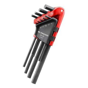 Facom set of 9 hexagon keys in a red and black wallet, ideal for precision mechanical work and automotive repairs.