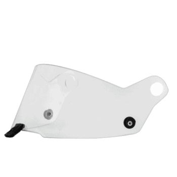 White Grand Prix Racewear helmet visor with mounting mechanism for racing helmets.