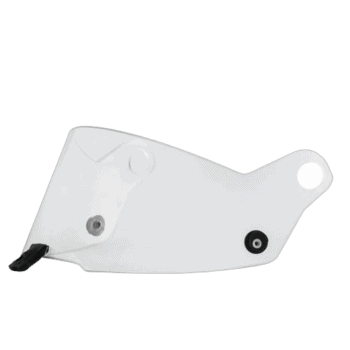 White racing helmet visor with black and grey attachment points, designed for Grand Prix racewear safety gear.