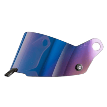 Motorcycle racing helmet visor with reflective blue and purple tint, designed for Grand Prix racewear.