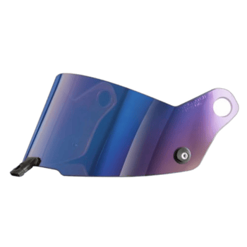 Motorcycle helmet visor with tinted and reflective surface for racing safety and style.