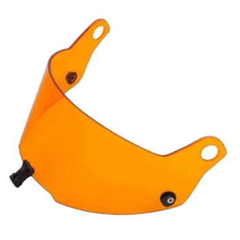 Orange Grand Prix racing helmet visor with black mounting hardware on a black background.