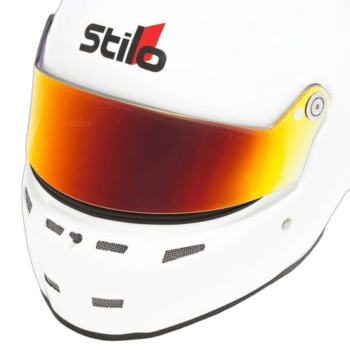 Stilo racing helmet with orange visor, designed for motorsport safety and performance, featuring the Stilo logo on a white background.