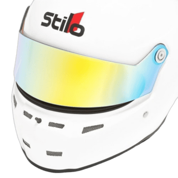Stilo racing helmet with reflective visor, designed for motorsport safety and performance.