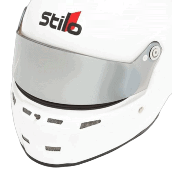 Stilo racing helmet designed for motorsport safety and performance, featuring a sleek white finish and advanced ventilation.