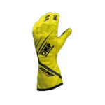 Yellow OMP racing glove designed for motorsport safety and performance, featuring black branding and durable material.