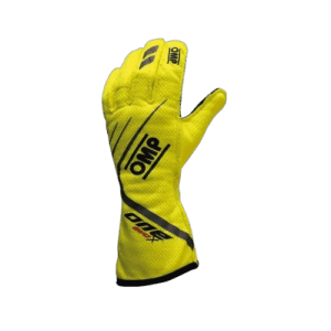 Yellow OMP racing glove designed for motorsport safety and performance, featuring black branding and durable material.