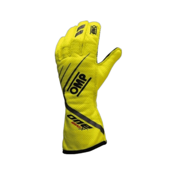 Yellow OMP racing glove designed for motorsport safety and performance, featuring black branding and durable material.