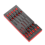 Set of precision screwdrivers with red and black handles in foam case, ideal for detailed mechanical work.