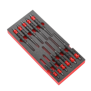 Set of precision screwdrivers with red and black handles in foam case, ideal for detailed mechanical work.