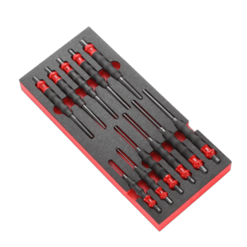 Set of precision screwdrivers with red and black handles in foam case, ideal for detailed mechanical work.