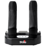 Stilo wireless racing helmet communication system with dual microphones and speakers for motorsport safety and communication.