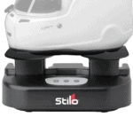 Stilo racing helmet mounted on a black stand, showcasing high-quality design and safety features for motorsport drivers.