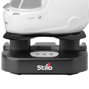 Stilo racing helmet mounted on a black stand, showcasing high-quality design and safety features for motorsport drivers.