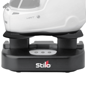 Stilo racing helmet mounted on a black stand, showcasing high-quality design and safety features for motorsport drivers.