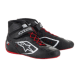 Black Alpinestars racing shoes with red laces and white logo, designed for motorsport enthusiasts and professional racers.