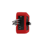 Red electrical device with three grey cables and a black control panel, used in racing or technical applications.