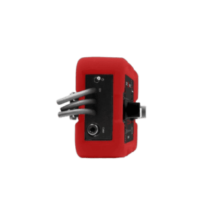 Red electrical device with three grey cables and a black control panel, used in racing or technical applications.