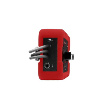Red electrical device with three grey cables and a black control panel, used in racing or technical applications.