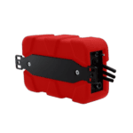 Red Grand Prix Racewear fuel cell with black mounting bracket and fuel outlet fittings, designed for racing vehicles.