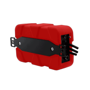 Red Grand Prix Racewear fuel cell with black mounting bracket and fuel outlet fittings, designed for racing vehicles.