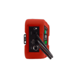 Red racing safety device with black cables and digital display, used in motorsport safety equipment.