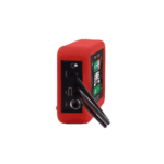 Red racing helmet with integrated communication device and display screen, designed for motorsport drivers for safety and communication.