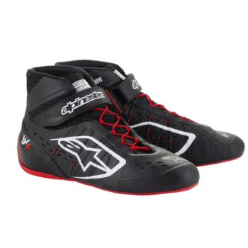 Black Alpinestars racing shoes with red laces and white logo, designed for motorsport enthusiasts and professional racers.