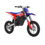 Grand Prix Racewear RFN Warrior Youth SX-E2 Kids Electric Bike with blue, red, and white design, off-road tyres, and sturdy frame for young riders.