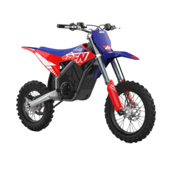 Grand Prix Racewear RFN Warrior Youth SX-E2 Kids Electric Bike with blue, red, and white design, off-road tyres, and sturdy frame for young riders.