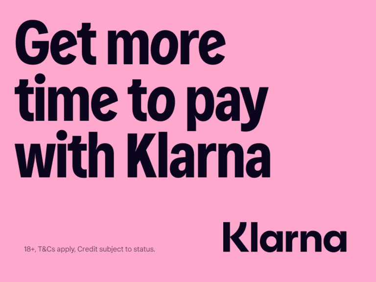Klarna payment option with pink background promoting easy and flexible payments for Grand Prix Racewear products.
